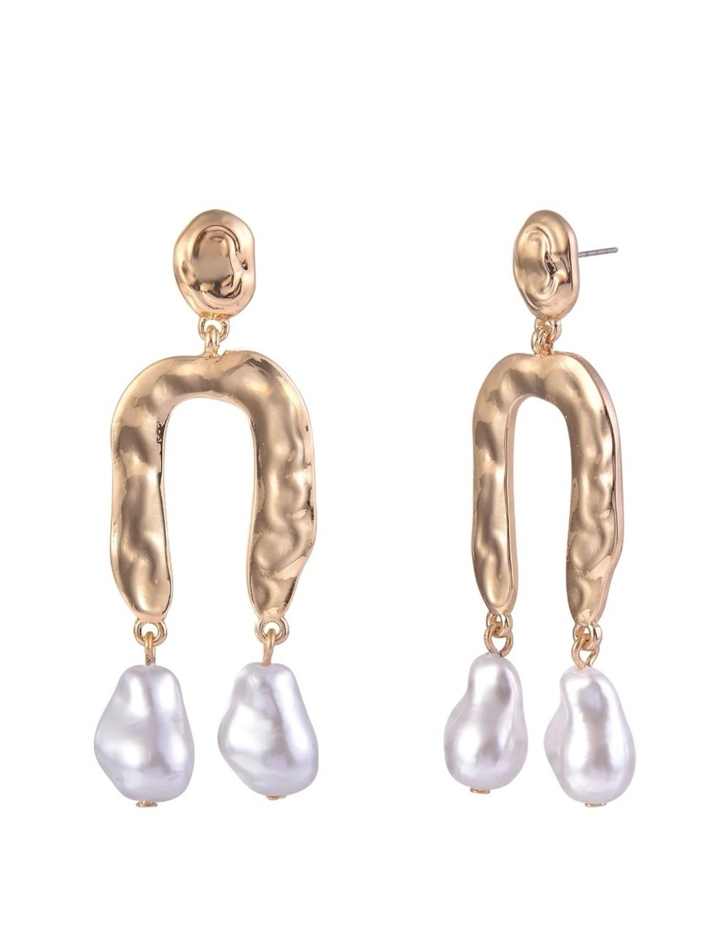 Time and Tru Goldtone Hammered Arch Earrings with White Pearl Drops